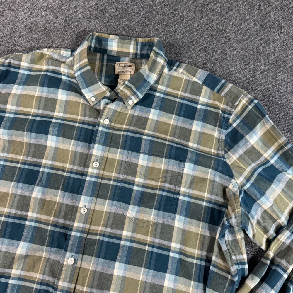 LL Bean Mens XXL-Tall Plaid Button Down Shirt Blue Oliveโ Green Slightly Fitted